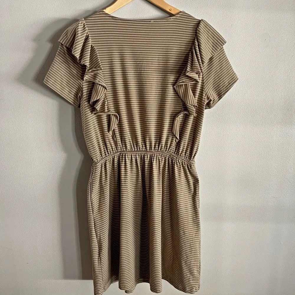 Doe & Rae Striped Ruffle Sleeve Mini Dress Tan White Short Sleeve Pockets S